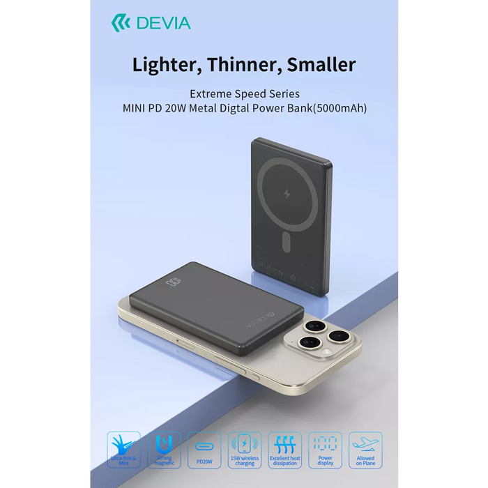 Devia - 5,000mAh 20W PD MagSafe Metal Mini Digital Powerbank - Space Grey
