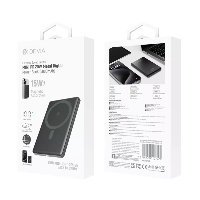 Devia - 5,000mAh 20W PD MagSafe Metal Mini Digital Powerbank - Space Grey