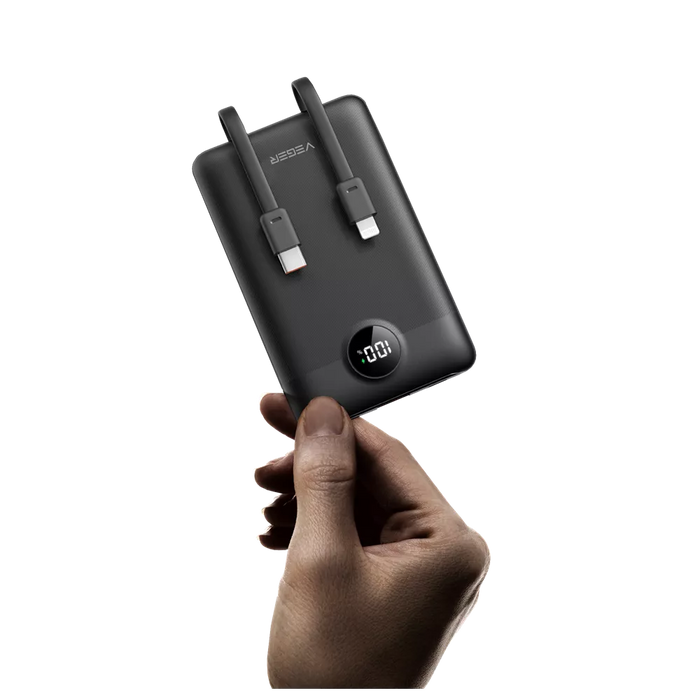 Veger - C11 - 10,000mAh 22.5W PD Digital Display Light Weight Powerbank With Built In Non-MFI Lightning & USB-C Cable - Black