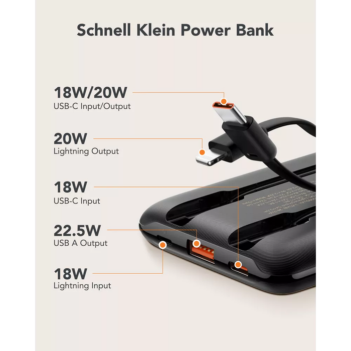 Veger - C11 - 10,000mAh 22.5W PD Digital Display Light Weight Powerbank With Built In Non-MFI Lightning & USB-C Cable - Black