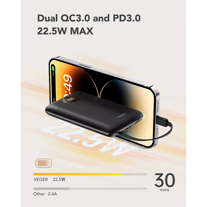 Veger - C11 - 10,000mAh 22.5W PD Digital Display Light Weight Powerbank With Built In Non-MFI Lightning & USB-C Cable - Black