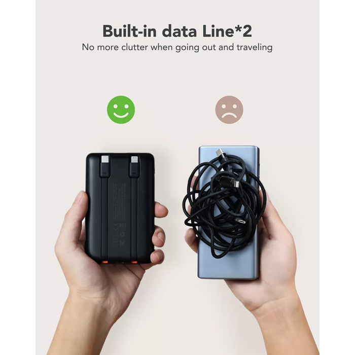 Veger - C11 - 10,000mAh 22.5W PD Digital Display Light Weight Powerbank With Built In Non-MFI Lightning & USB-C Cable - Black