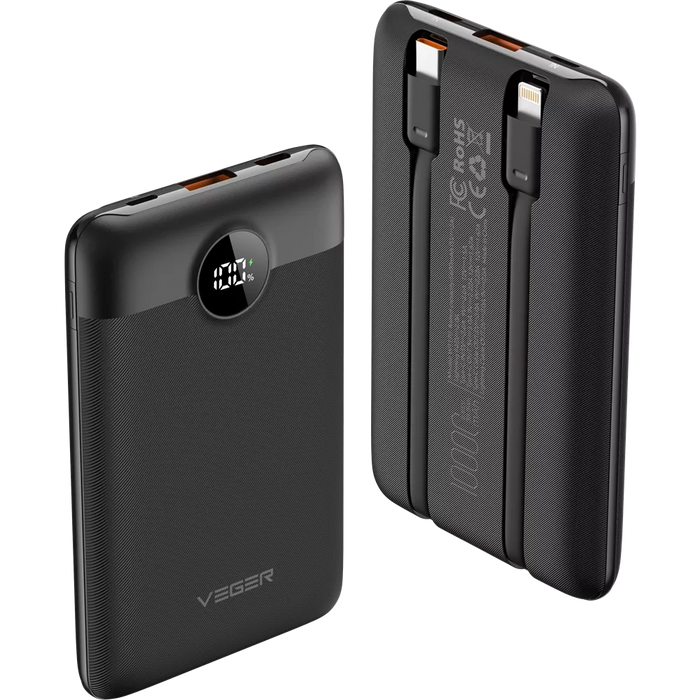 Veger - C11 - 10,000mAh 22.5W PD Digital Display Light Weight Powerbank With Built In Non-MFI Lightning & USB-C Cable - Black